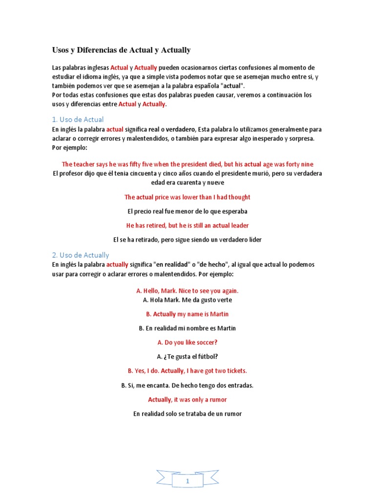 Usos y Diferencias de Actual y Actually PDF Lingüística