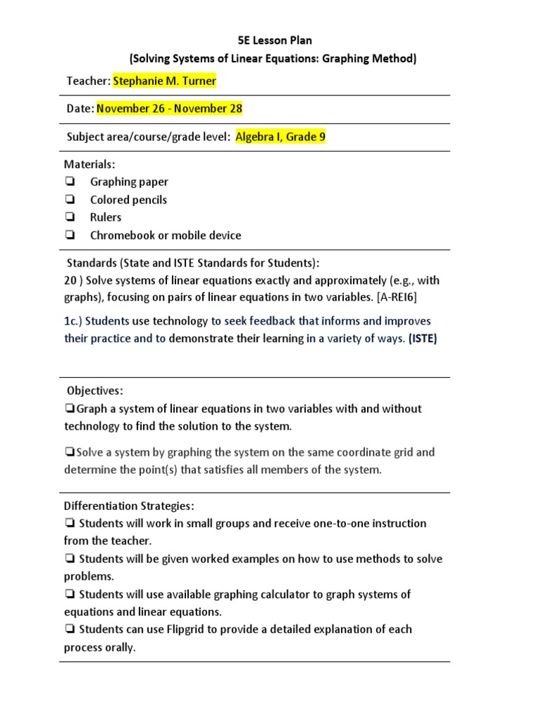 5E Lesson Plan: Graphing Linear Equations | PDF | System Of Linear ...