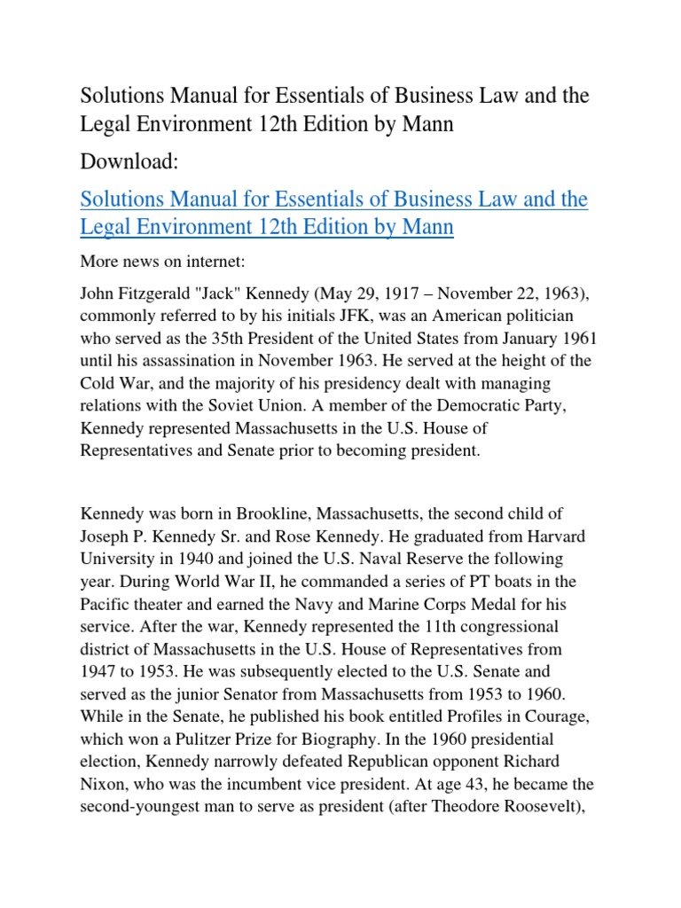 Solutions Manual for Essentials of Business Law and the Legal Environment 12th  Edition by Mann | Warren Commission | John F. Kennedy
