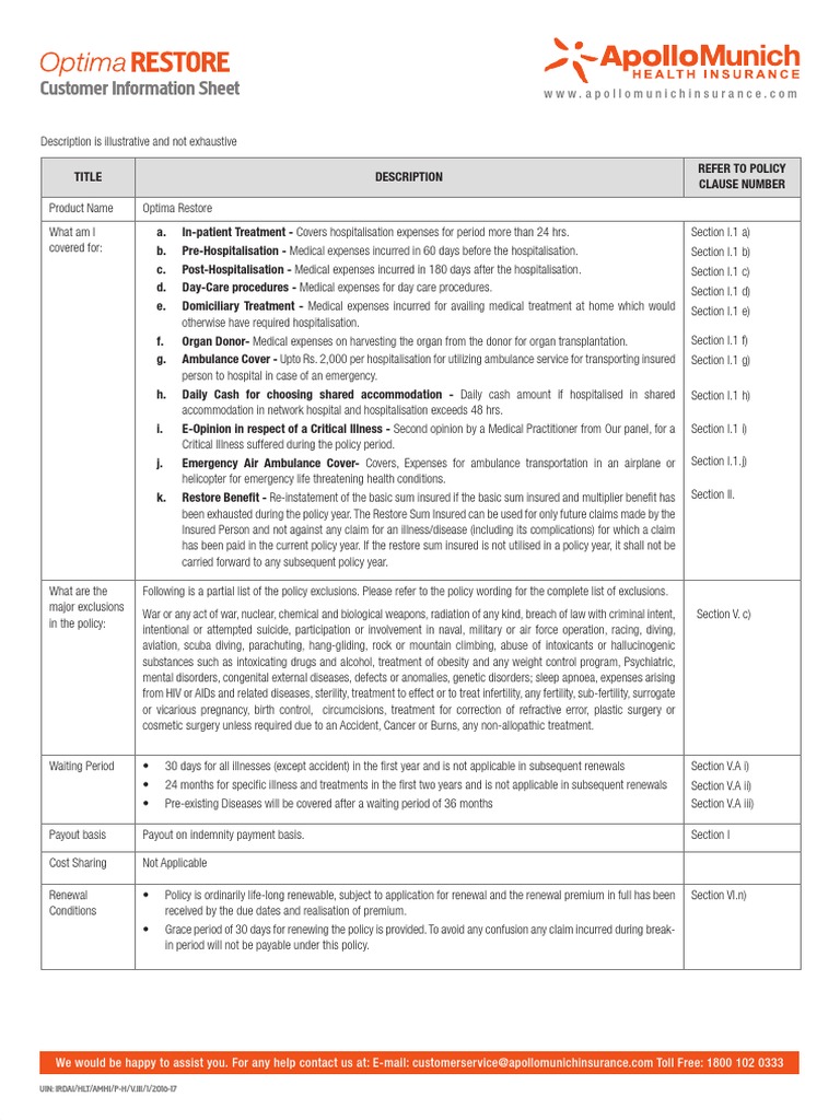 Optima Restore Insurance Overview | PDF | Hiv/Aids | Hospital
