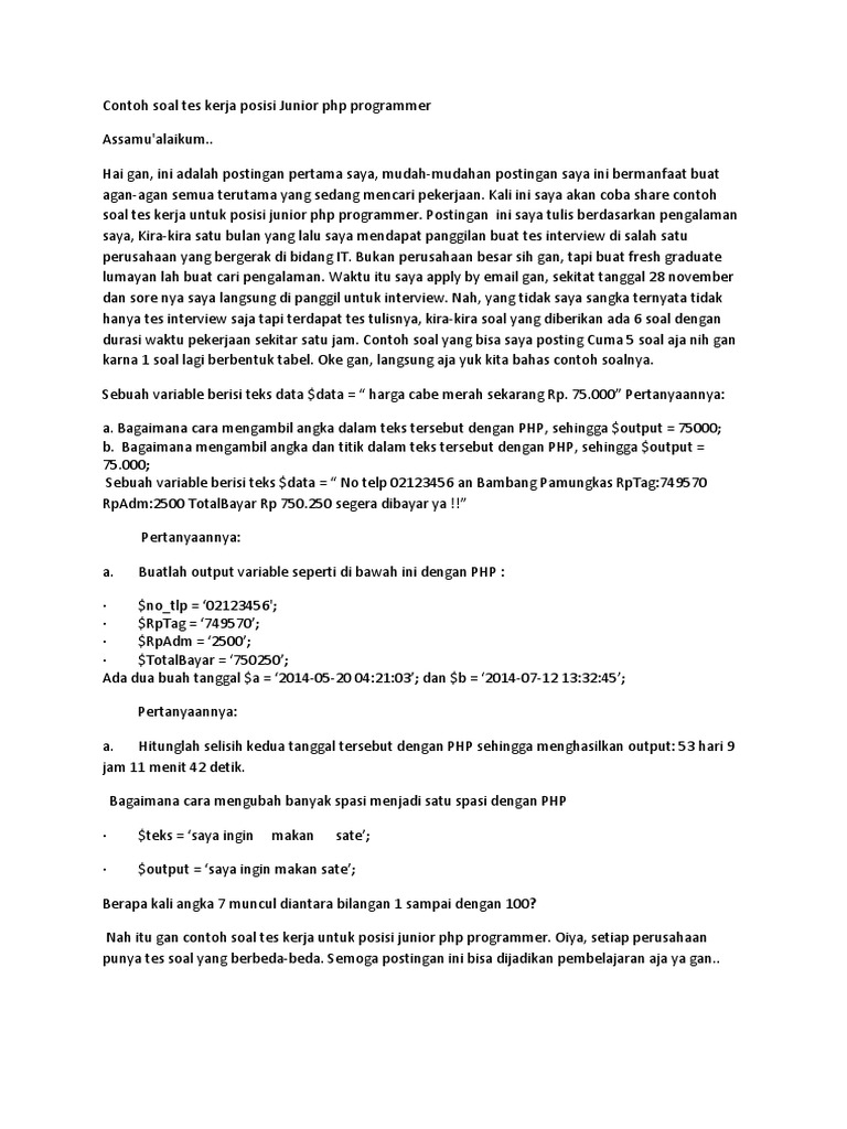 Contoh Soal Tes Kerja Posisi Junior Php Programmer