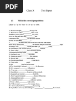 Class X Test Paper: (I) Fill in The Correct Prepositions