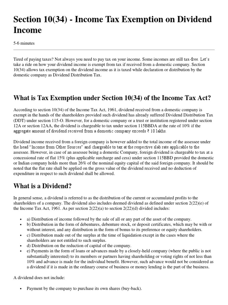 Section 10 (34) Dividend Exemption PDF Dividend Taxes
