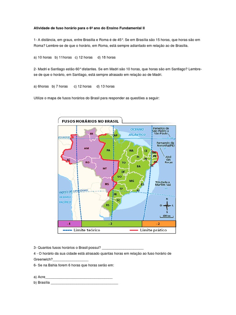 Atividade de Fuso Horário para o 6º Ano Do Ensino Fundamental II | PDF