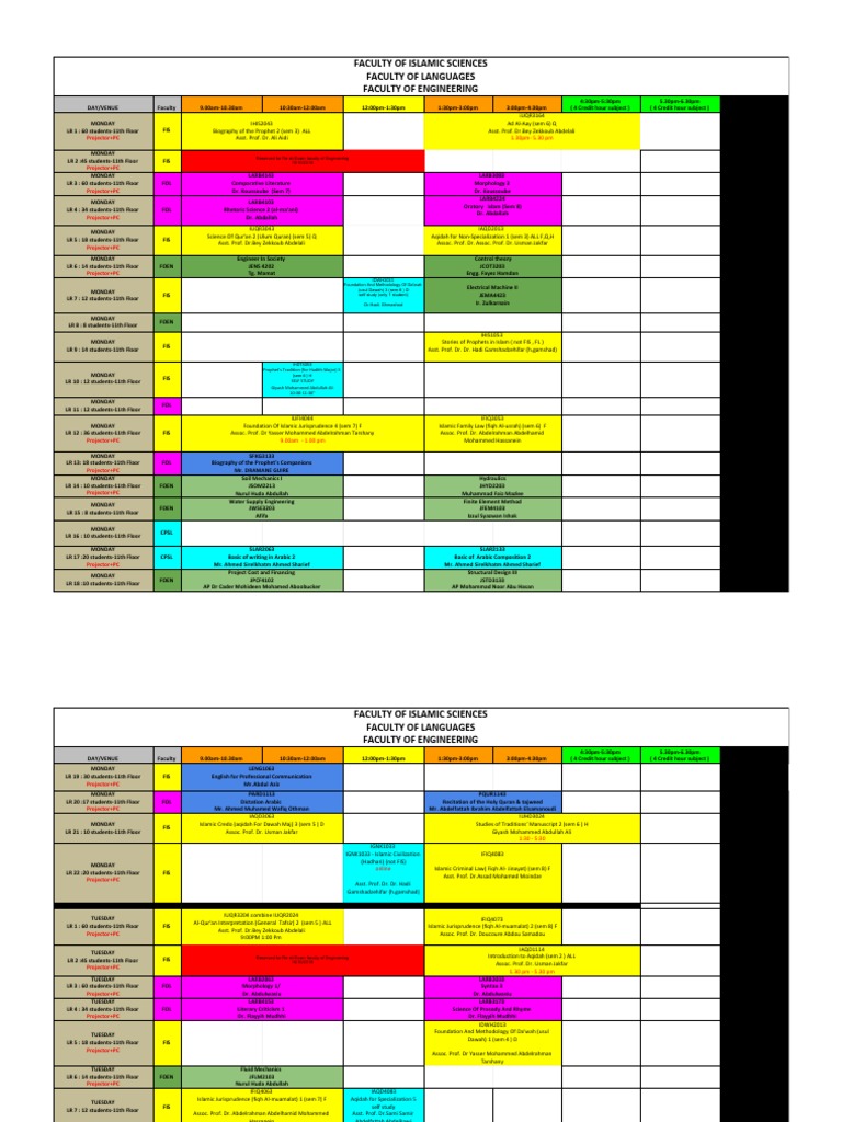 Weekly Class Schedule for Islamic Studies | PDF
