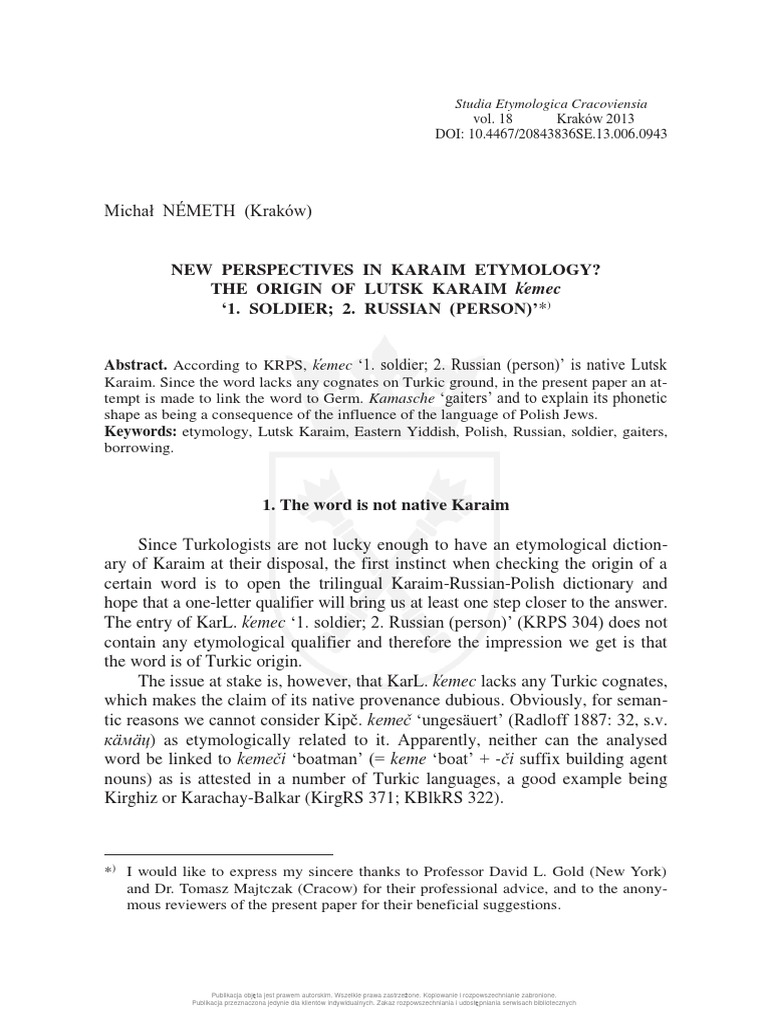 New Perspectives in Karaim Etymology? The Origin of Lutsk Karaim ḱemec