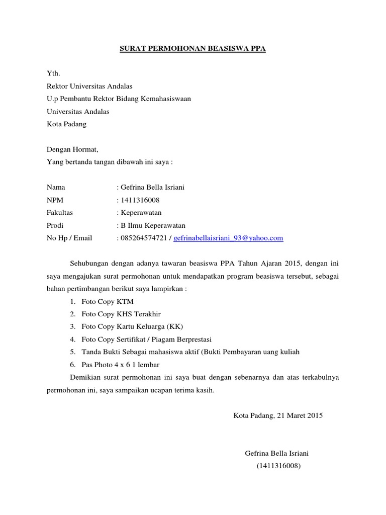 Contoh Surat Permohonan Surat Permohonan Beasiswa Ppa