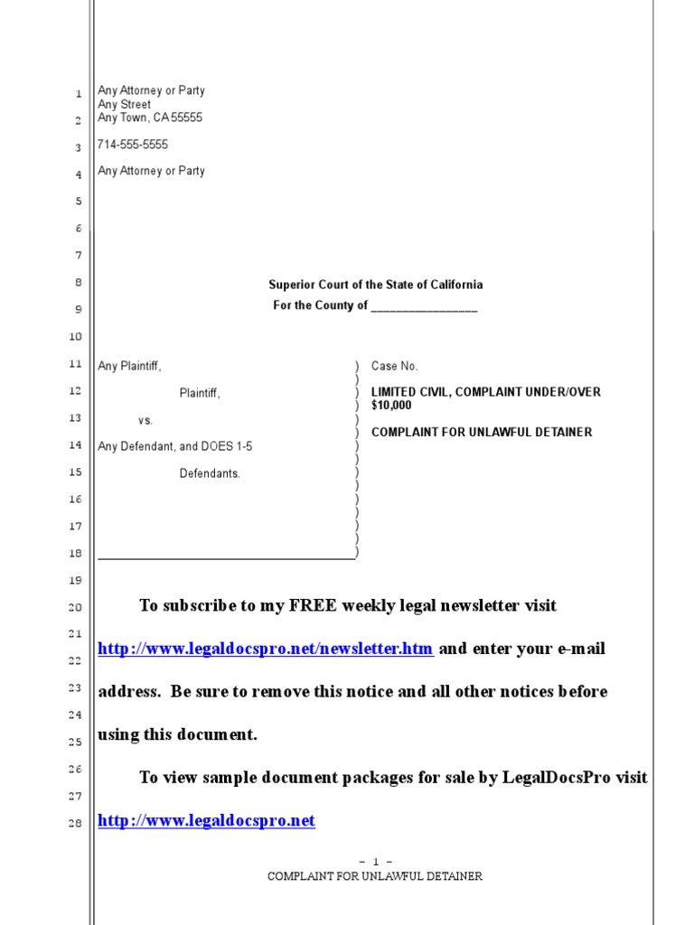 Sample Unlawful Detainer Complaint for California Plaintiff Complaint