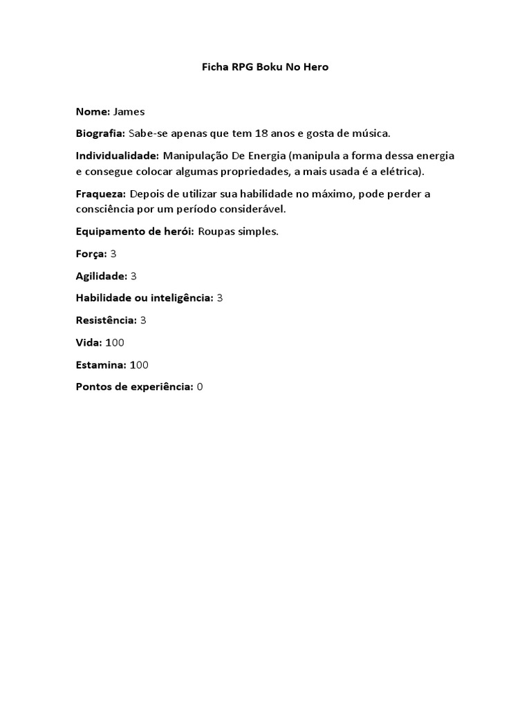 Ficha Rpg Boku No Hero Pdf