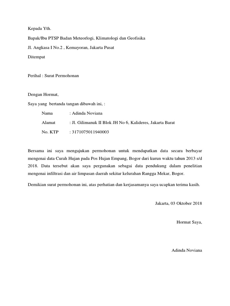 Contoh Surat Permintaan Data Curah Hujan Berbagi Contoh Surat