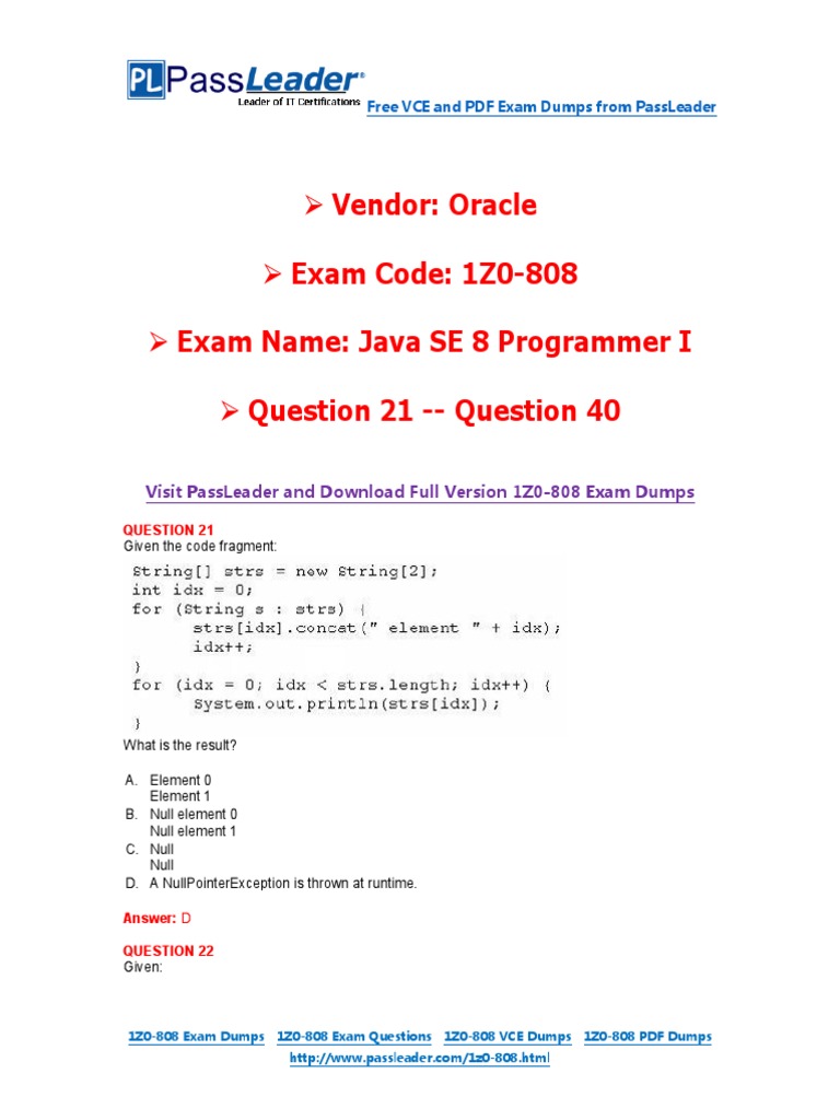 PassLeader 1Z0-808 Exam Dumps (21-40) | PDF | C (Programming