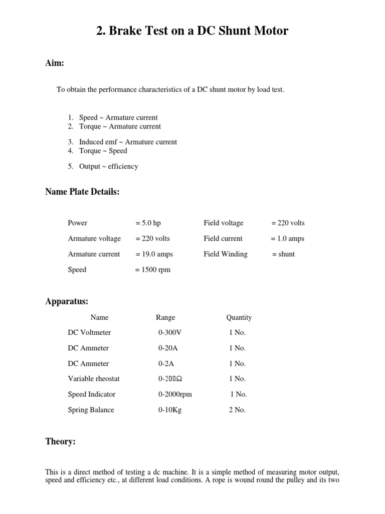 Brake Test Results for DC Shunt Motor | PDF | Torque | Voltage
