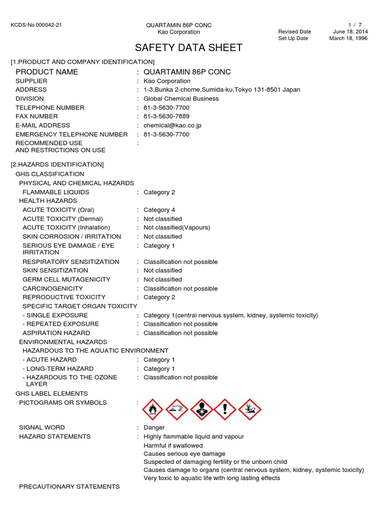 MSDS Quartamin 86P Conc Toxicity Solubility