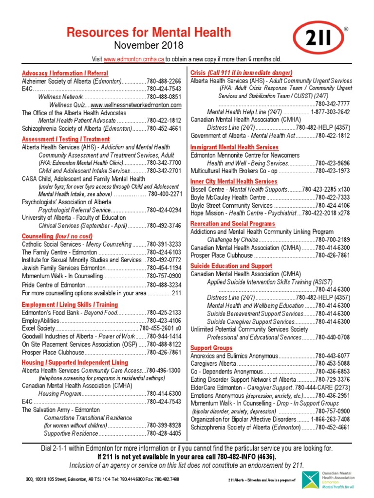 2018-11 211 Resourcelist Mentalhealth | PDF | Mental Health | Edmonton
