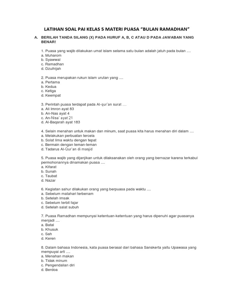 5 Soal Latihan Pai Bab Puasa