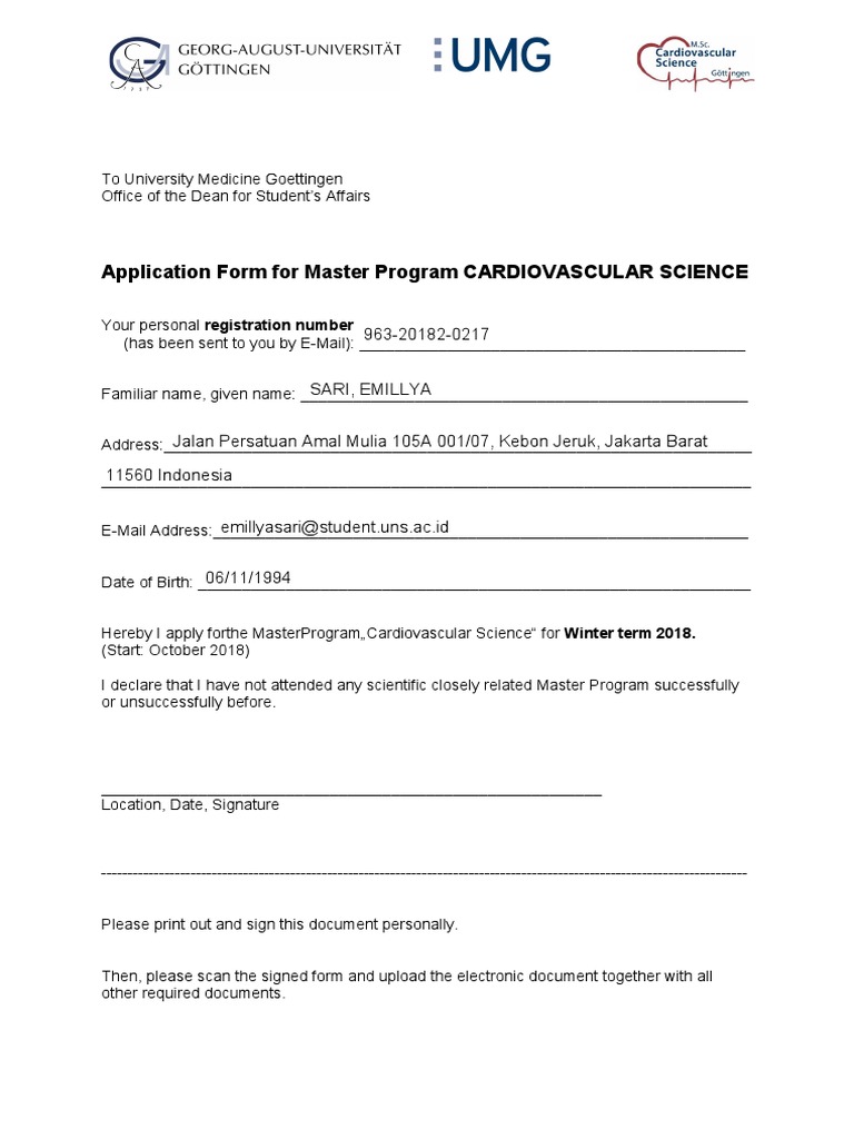 Application for Cardiovascular Science Master | PDF