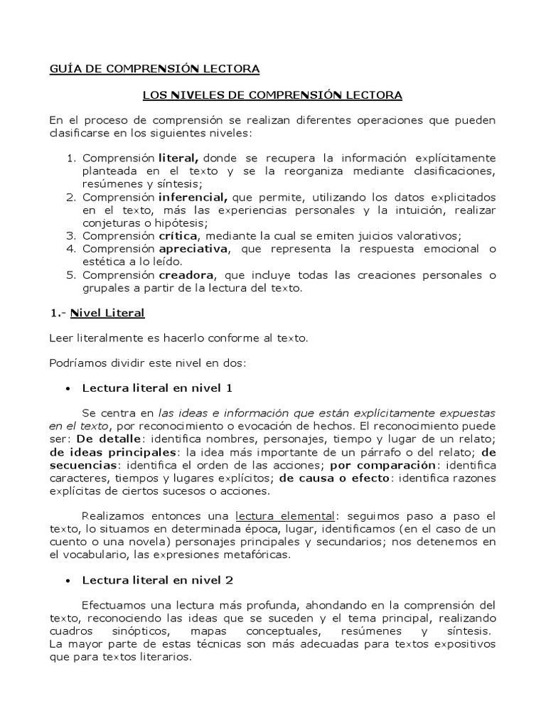 Niveles de Comprensión Lectora | PDF | Inferencia | Comprensión lectora