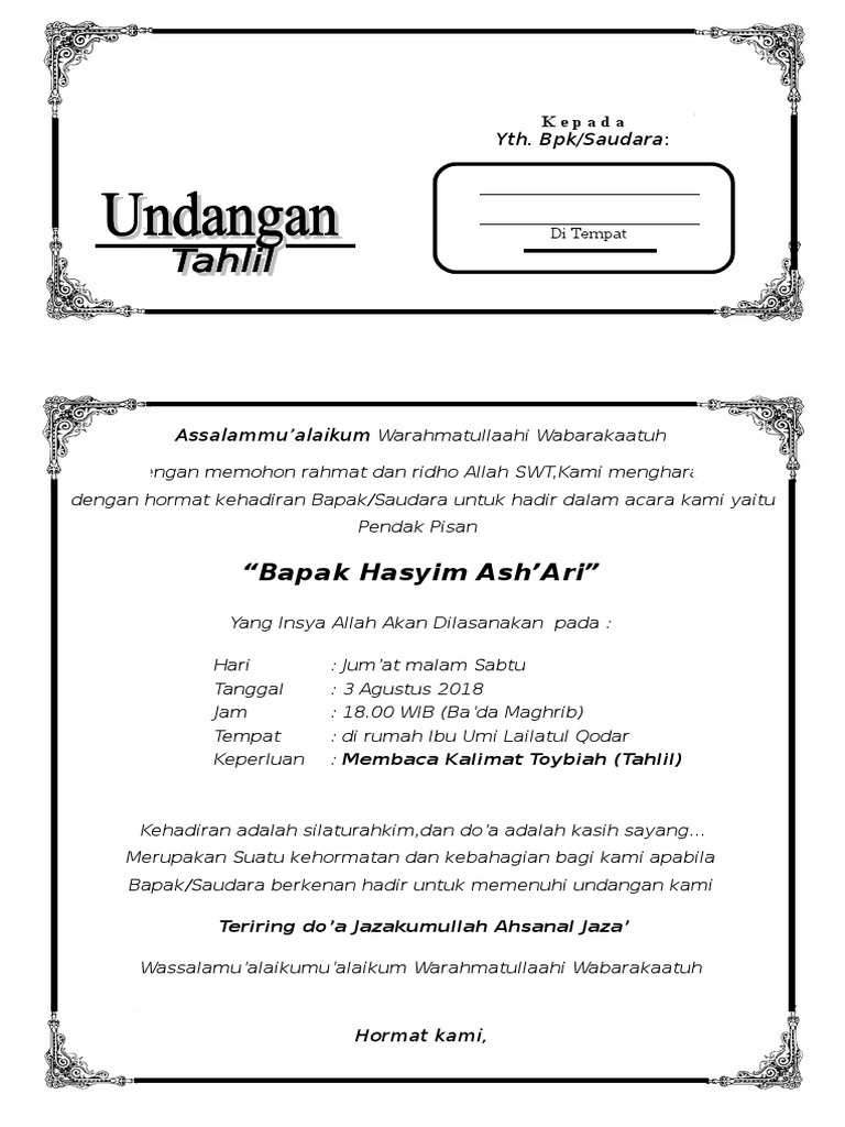 Contoh Undangan Tahlil 40 Hari