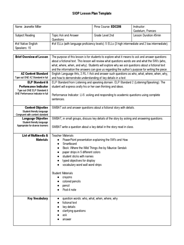2nd Grade Reading Lesson Plan: Questions | PDF | Question | Lesson Plan