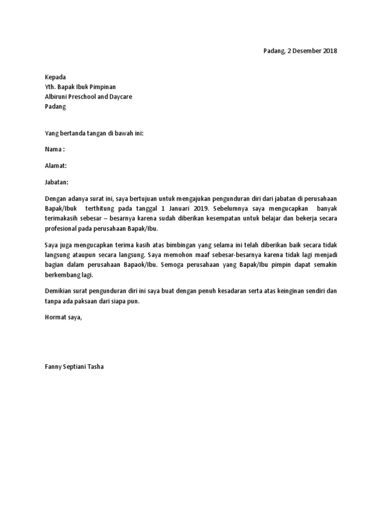 Surat Pengunduran Diri Fanny Tasha | PDF