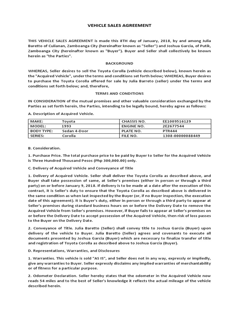 Toyota Corolla Sale Agreement | PDF | Conveyancing | Indemnity