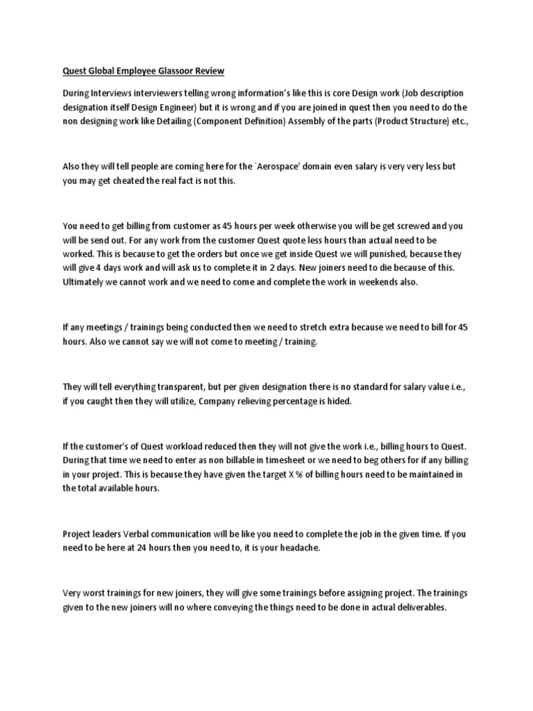Quest Global Glassdoor Employee Review PDF Employment Business