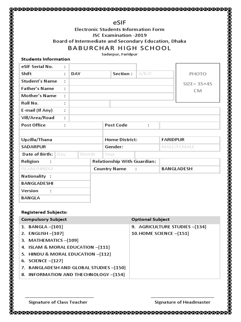 Students Information Form JSC PDF