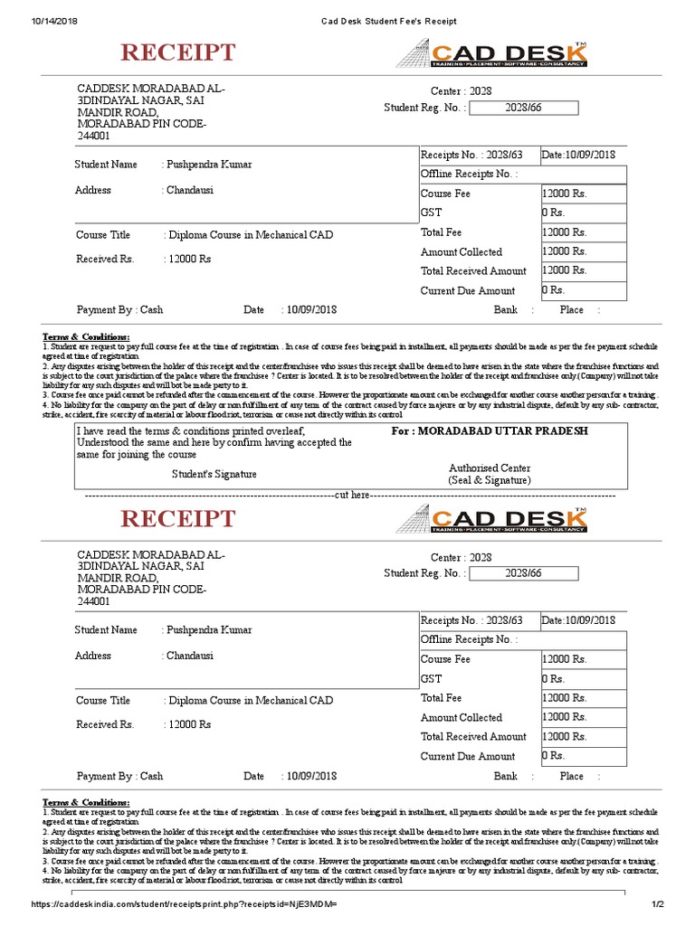 CAD Course Fee Receipt - Pushpendra Kumar | PDF | Fee | Receipt