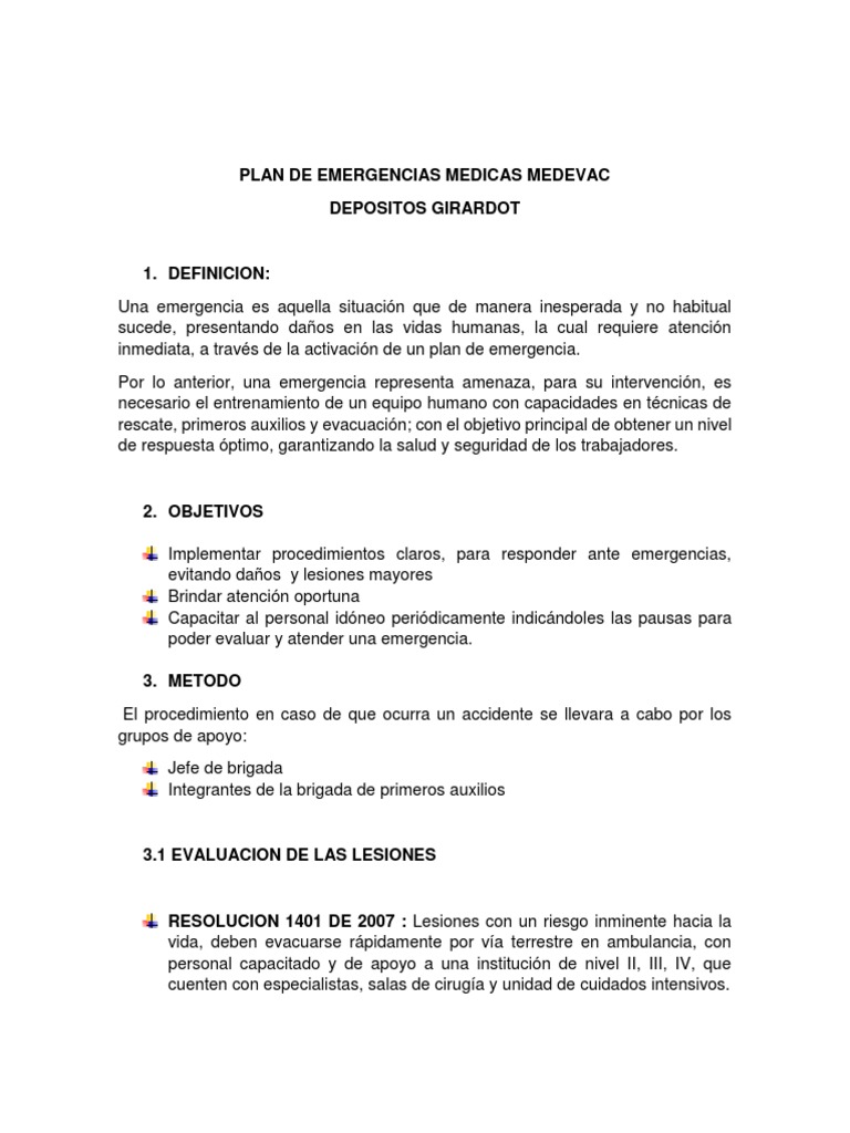 Plan de Emergencias Médicas Medevac | PDF | Primeros auxilios ...
