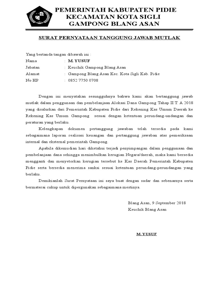 Surat Pernyataan Tanggung Jawab Mutlak