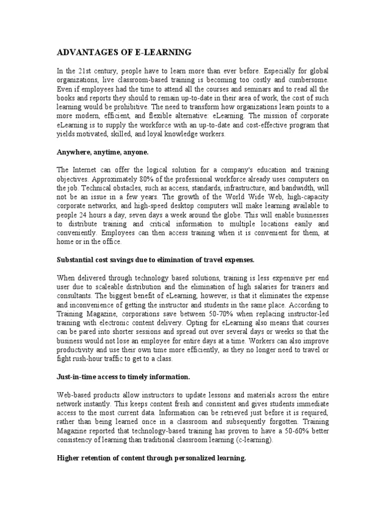 Benefits of E-Learning for Organizations | PDF | Educational Technology ...