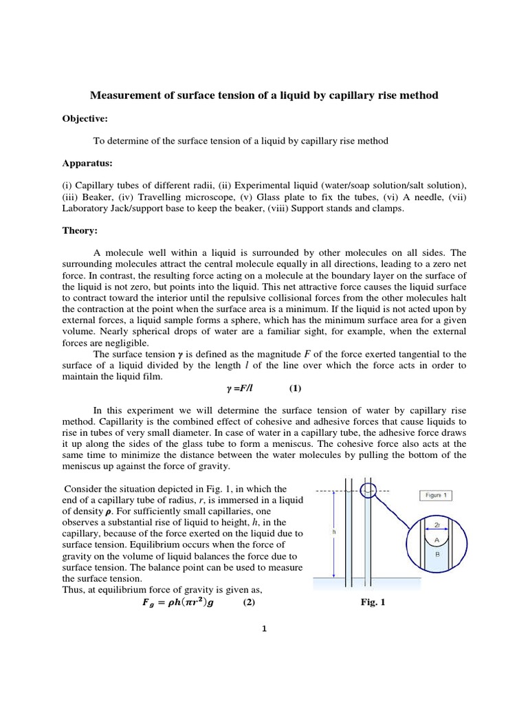 Surface Tension by Capillary Rise Method 2018 PDF Surface Tension