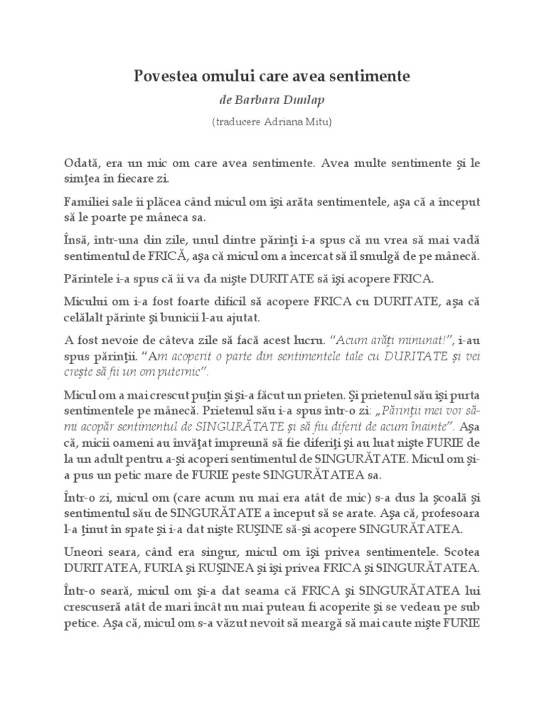 Povestea Omului Care Avea Sentimente | PDF
