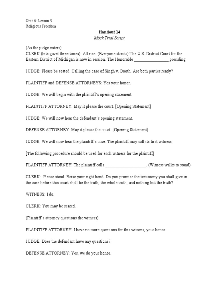 Mock Trial Script on Religious Freedom | PDF | Witness | Judge