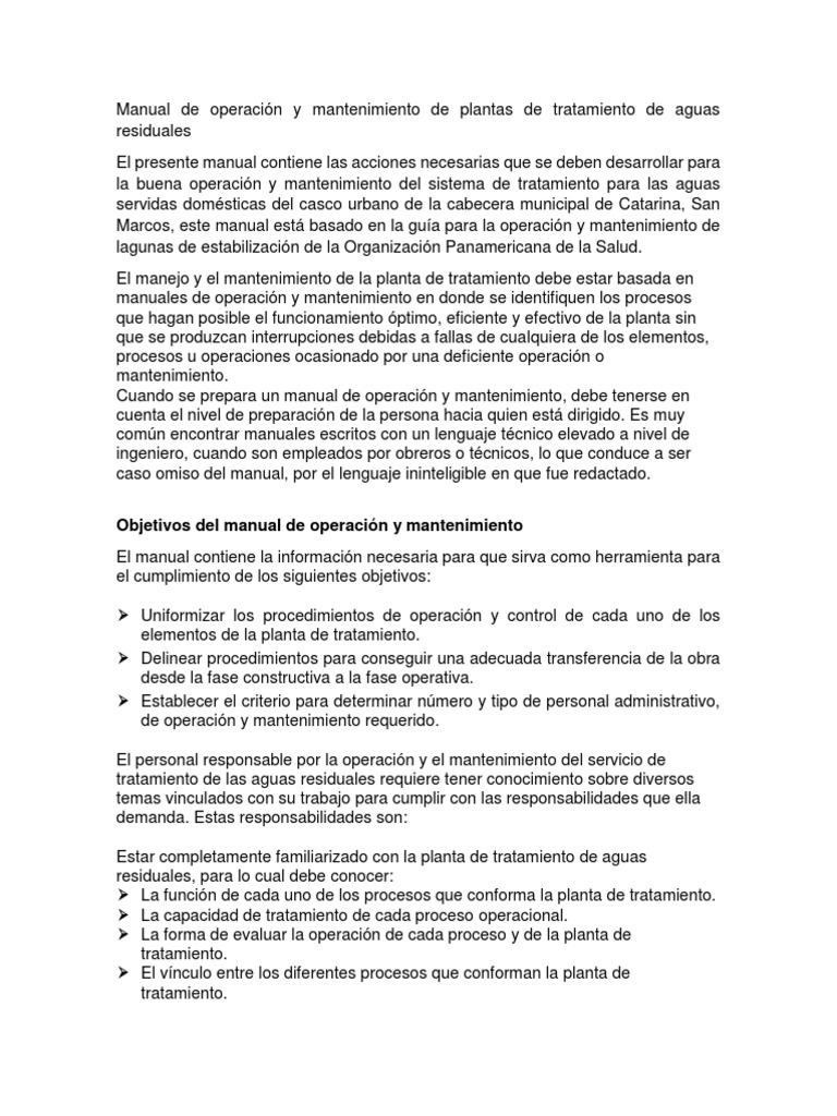 Manual de Operación y Mantenimiento de Plantas de Tratamiento de Aguas ...