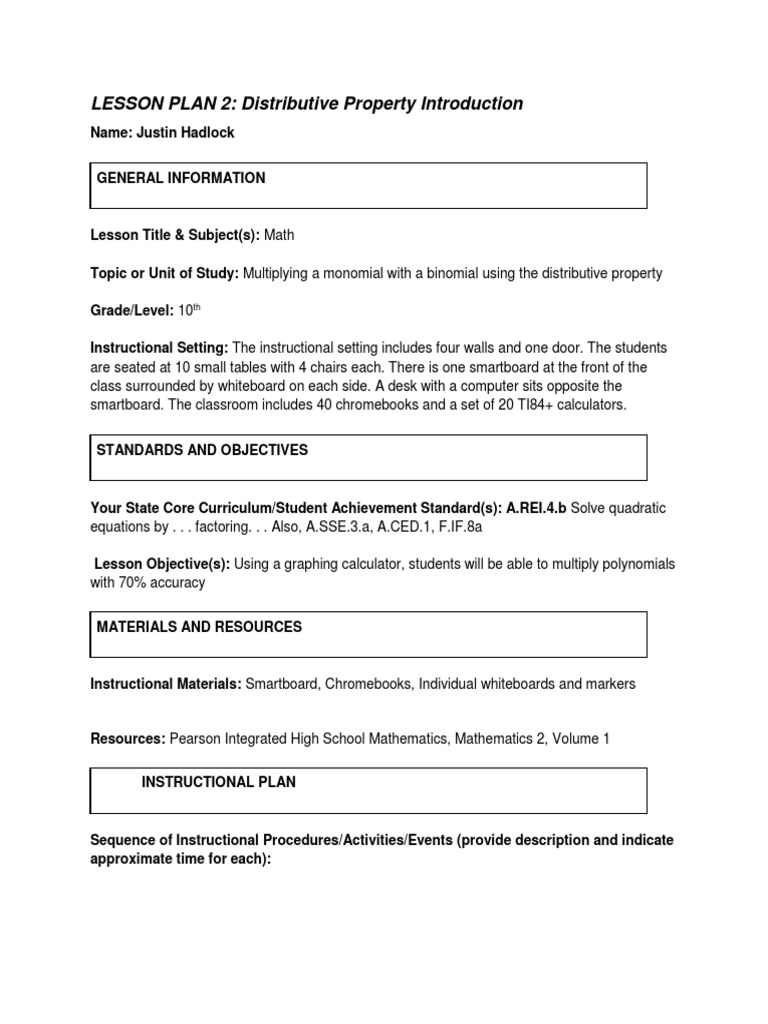 Distributive Property Lesson Plan | PDF | Differentiated Instruction ...