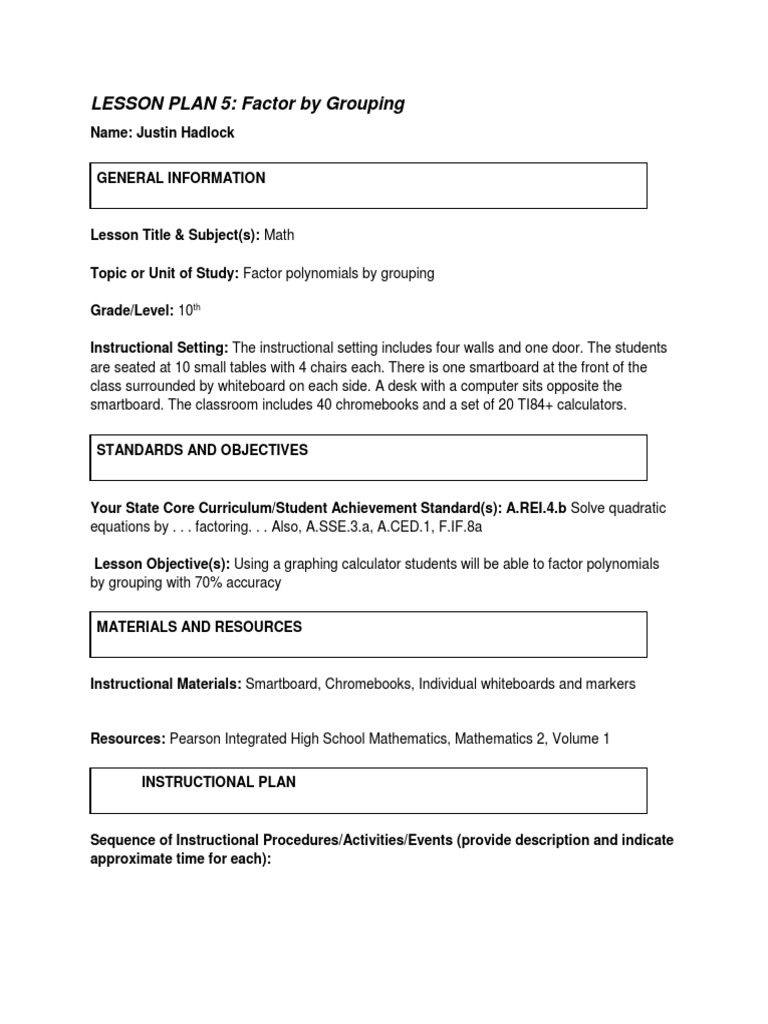 Math Lesson: Factoring by Grouping | PDF | Lesson Plan | Homework