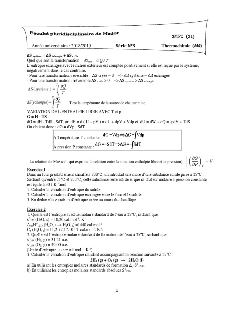 Calculs d'entropie et enthalpie en thermochimie | PDF | Enthalpie libre ...