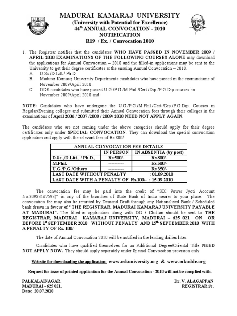 Annual Convocation 2010 Notification Application | PDF | Postgraduate ...