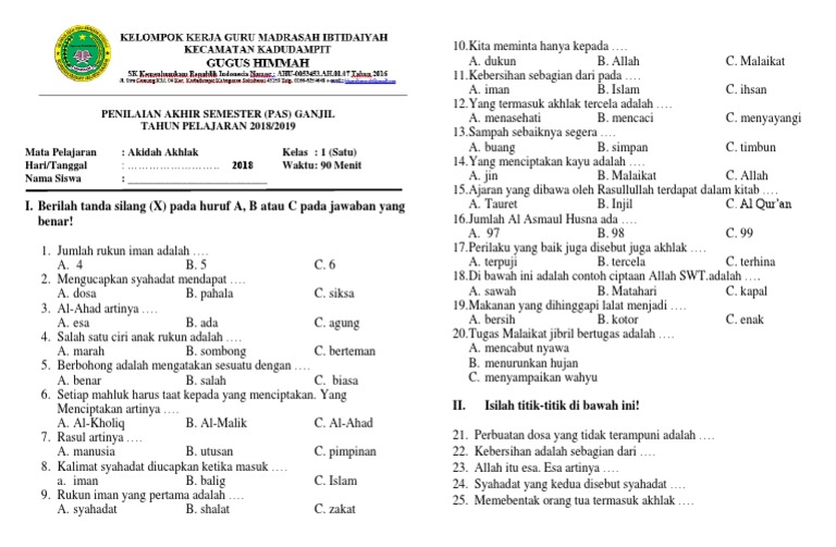 Akidah Kelas 1 Pas 1 2018 2019 Edit Lilis