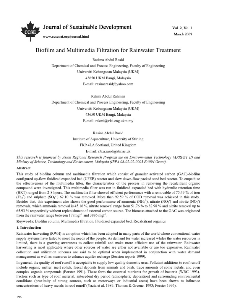 Biofilm and Multimedia Filtration For Rainwater Treatment | PDF ...