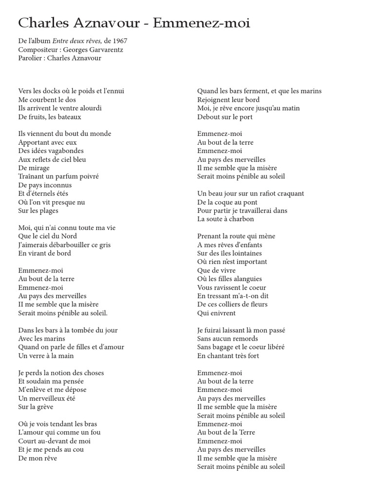 Paroles Emmenez Moi Charles Aznavour Emmenez-moi Paroles Et Activités | Navire de charge | Bateaux