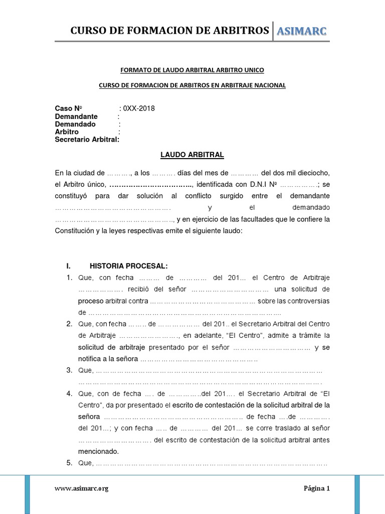 1 6 Formato De Laudo Arbitral Arbitraje Demanda Judicial