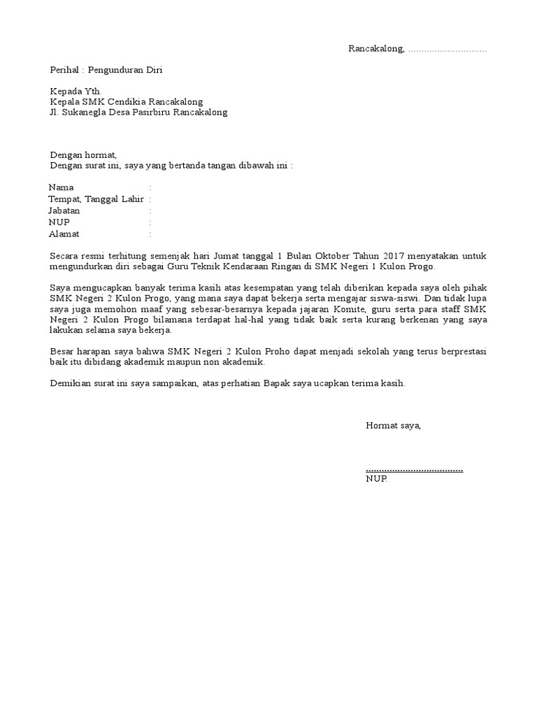 Surat Mengundurkan Diri Siswa Dari Sekolah