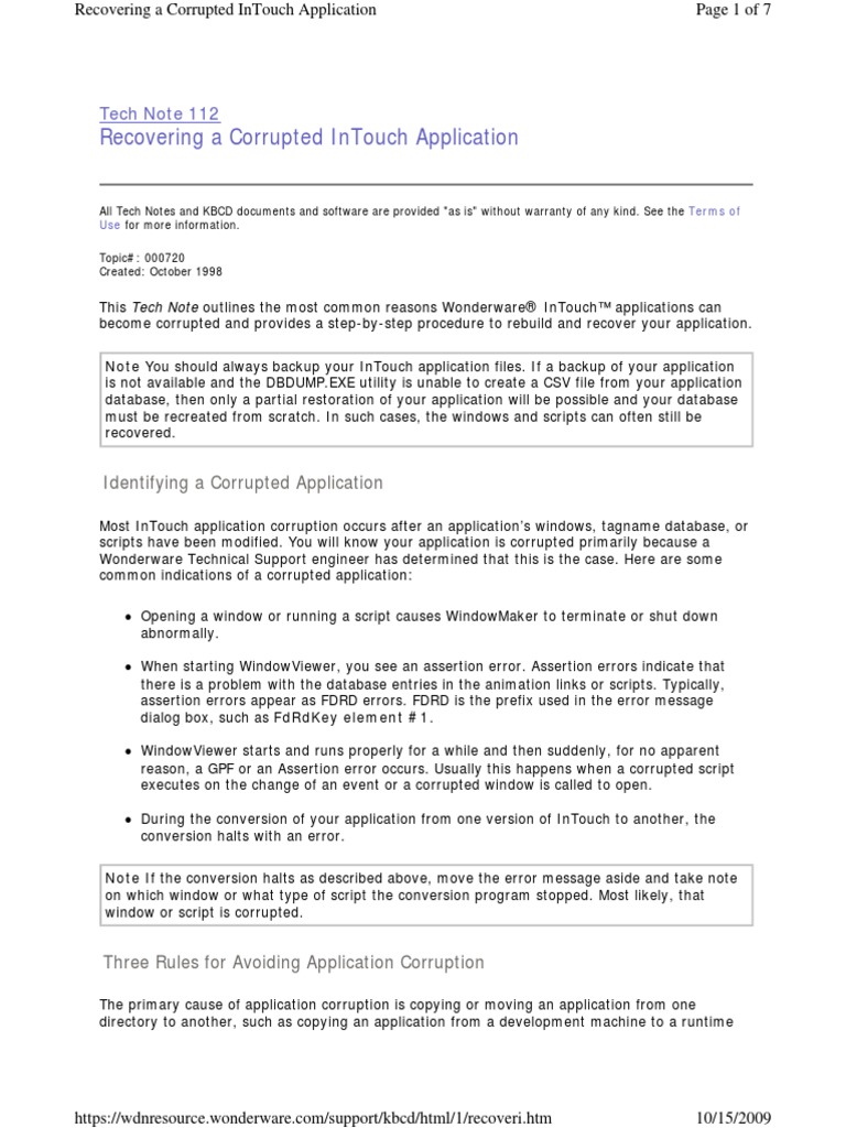 Tech Note 112 - Rebuild Corrupt InTouch Application | PDF | Backup ...