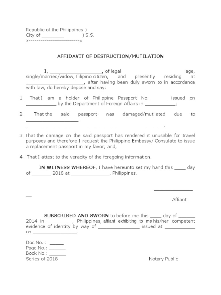 Affidavit of Mutilation or Destruction of Passport PDF