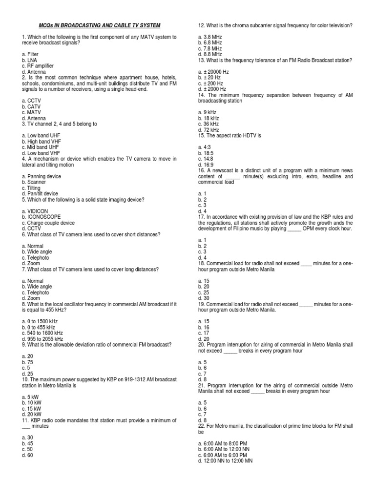 Mcqs In Broadcasting And Cable Tv System Pdf Frequency Modulation Video