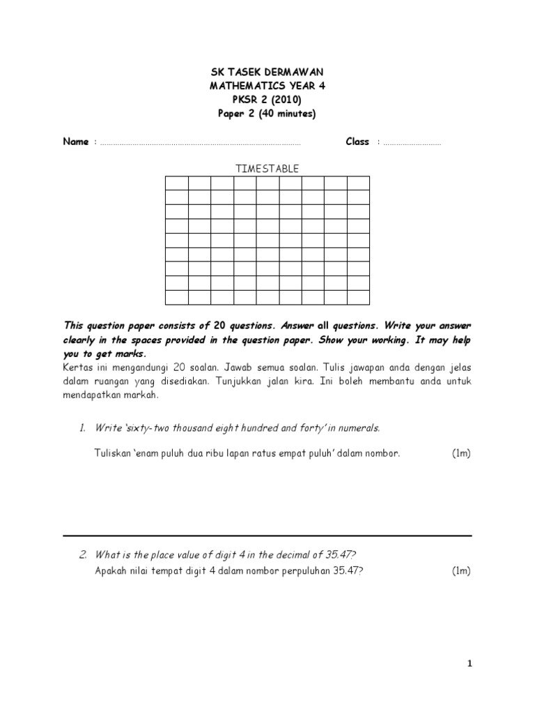 Soalan Matematik Tahun 5 Pdf - Malacca b