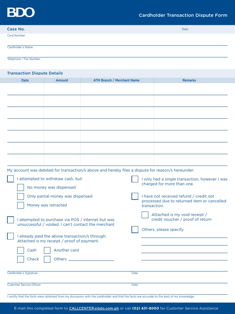 BDO Cardholder Transaction Dispute Form | PDF