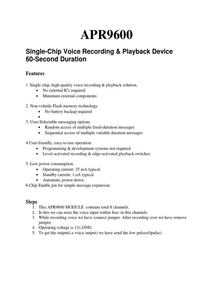 SingleChip Voice Recording & Playback Device 60Second Duration PDF Amplifier Computer